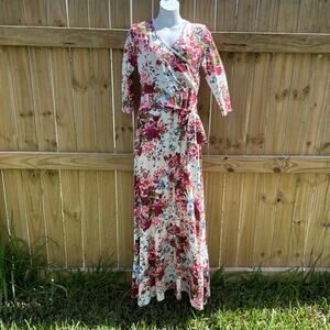 Pink Blush v neck 3/4 sleeve floral tie waist maxi dress